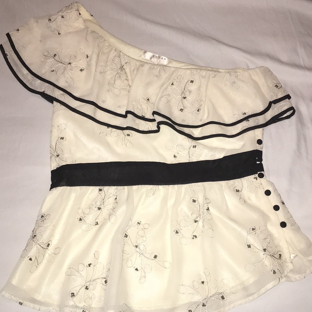 Kenar Ivory & Black One Shoulder Top, Size Large